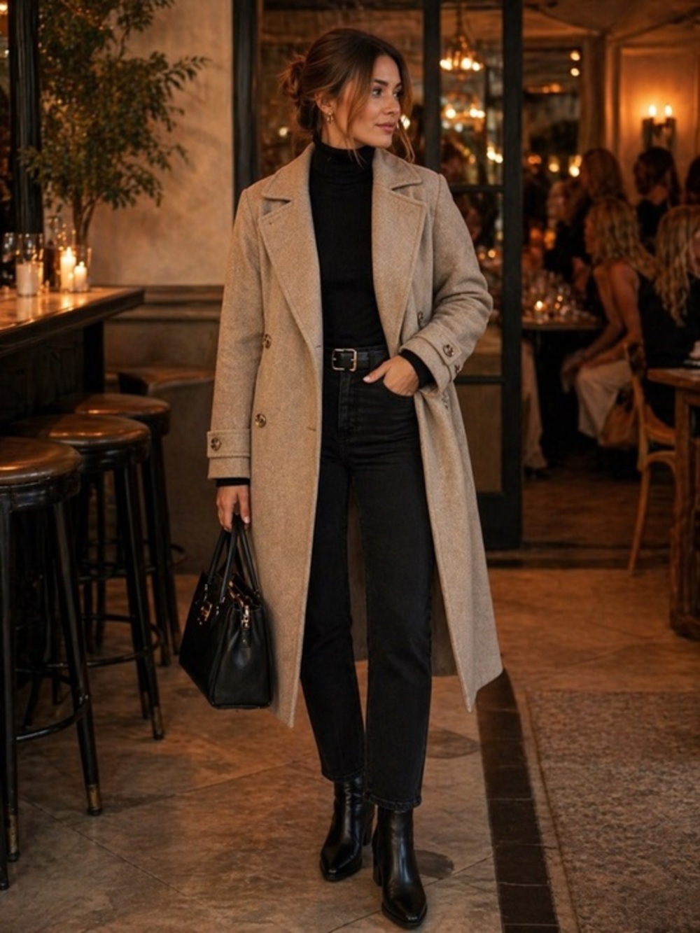 H&M Tan Oatmeal Double-Breasted Long Wool Coat